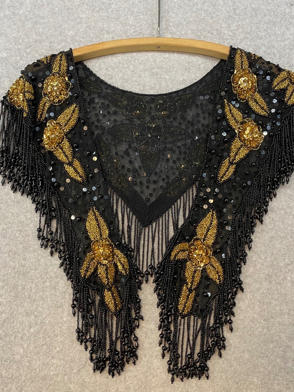 Contessa Black & Gold Bead Sequin Fringe Shawl Silk • Evening Cape Gatsby